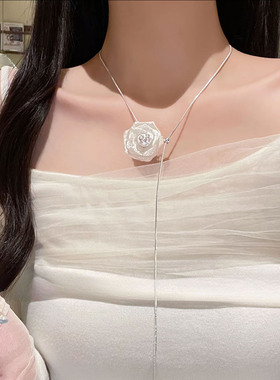 超仙网纱玫瑰花朵长款项链女