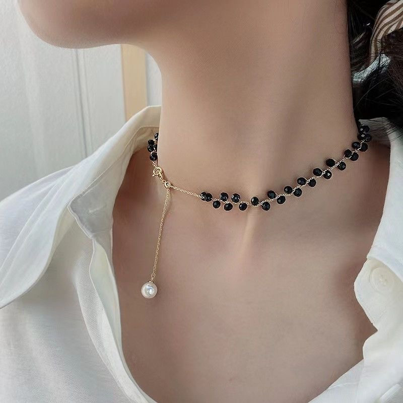 夏季轻奢可抽拉黑色水晶项链女