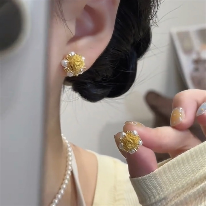 法式网纱玫瑰花珍珠耳钉女