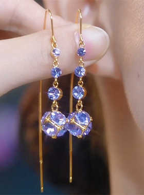 超仙紫色钻球锆石流苏耳线女气质百搭长款水晶耳环轻奢显脸瘦耳饰