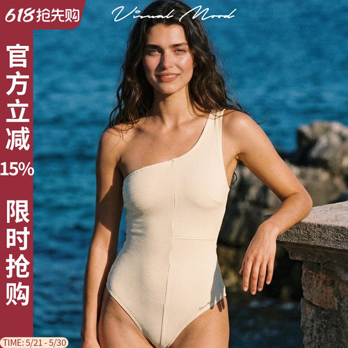 visualmood斜肩复古显瘦泳衣女