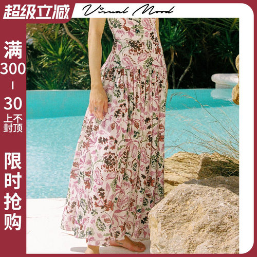 visual mood粉绿印花雪纺女长裙2025夏海边度假显瘦高级感沙滩裙