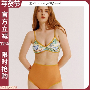 visual mood泳衣女法式性感新款复古黄双面印花温泉度假分体套装