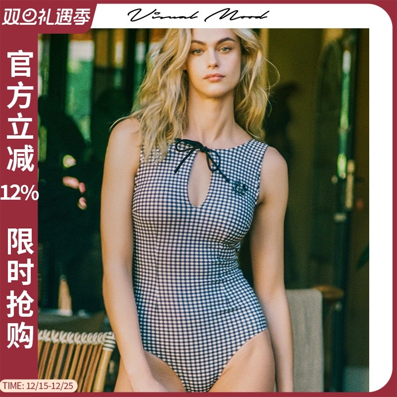 visual mood泳衣女黑格子系带遮肚显瘦高级印花温泉度假连体泳装