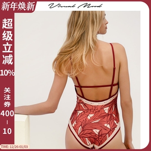 双面印花复古红V领性感海边度假泳装 visual mood连体温泉泳衣新款