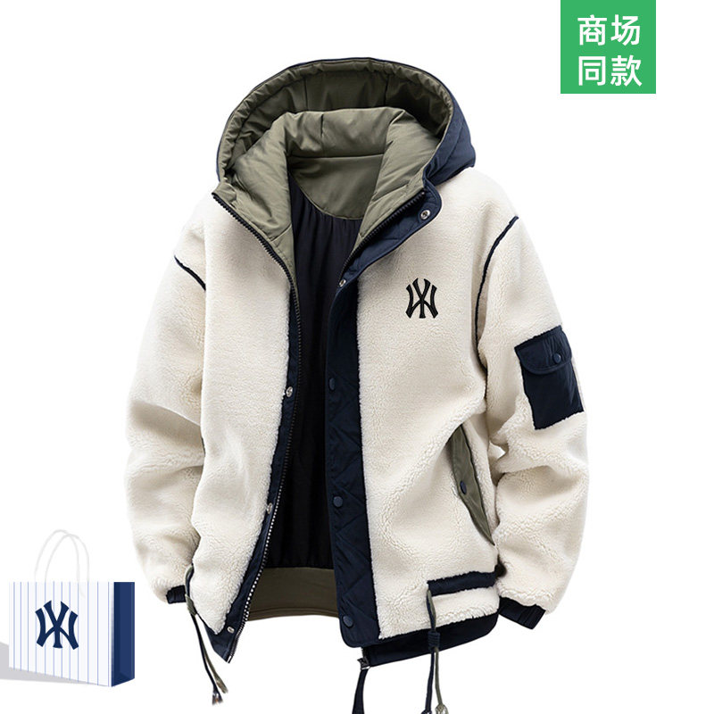 奥特莱斯羊羔绒棉服假两件连帽棉衣外套男士冬季新款情侣加厚保暖