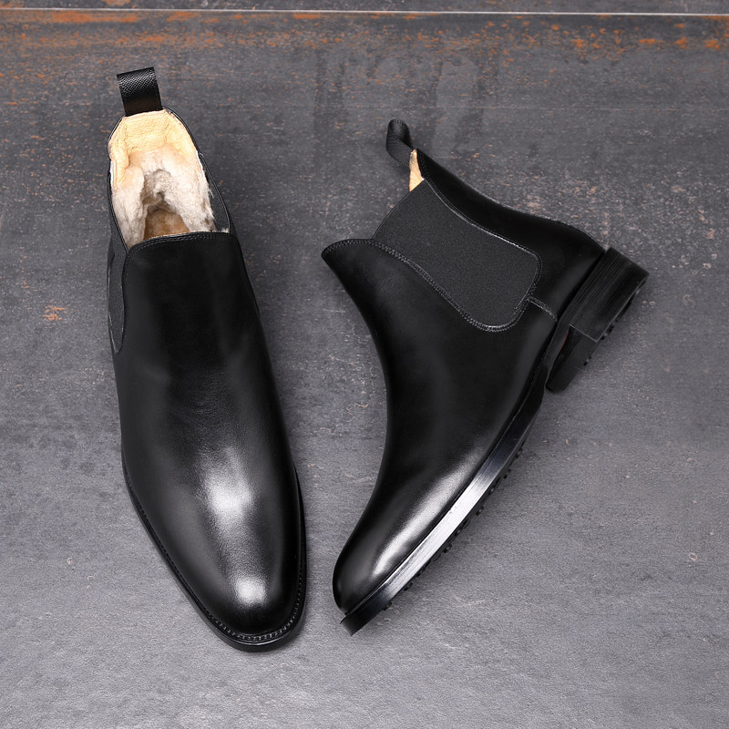 WINTER SHEEPSKIN FUR INTEGRATED FLEECE COTTON SHOES MENS HIGH-TOP BRITISH LEATHER CHELSEA BOOTS WARM AND THICKENED SNOW BOOTS