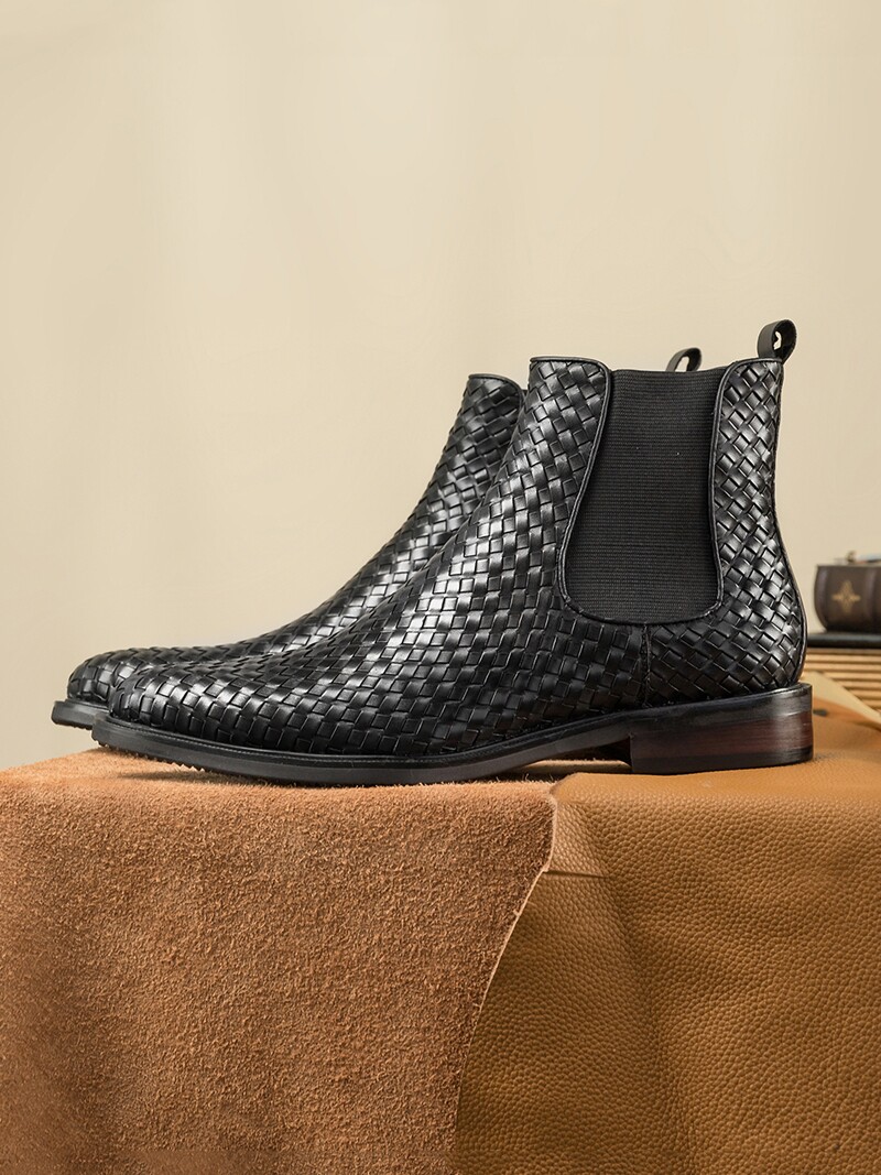 TRENDY CHELSEA BOOTS MENS GENUINE LEATHER POINTY SCALP BOOTS HIGH TOP LEATHER SHOES HANDMADE ENGLISH BOOTIES WOVEN COWHIDE MARTIN BOOTS
