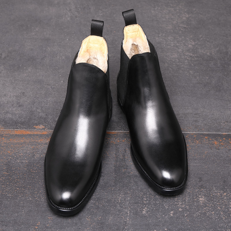 WINTER SHEEPSKIN FUR INTEGRATED FLEECE COTTON SHOES MENS HIGH-TOP BRITISH LEATHER CHELSEA BOOTS WARM AND THICKENED SNOW BOOTS