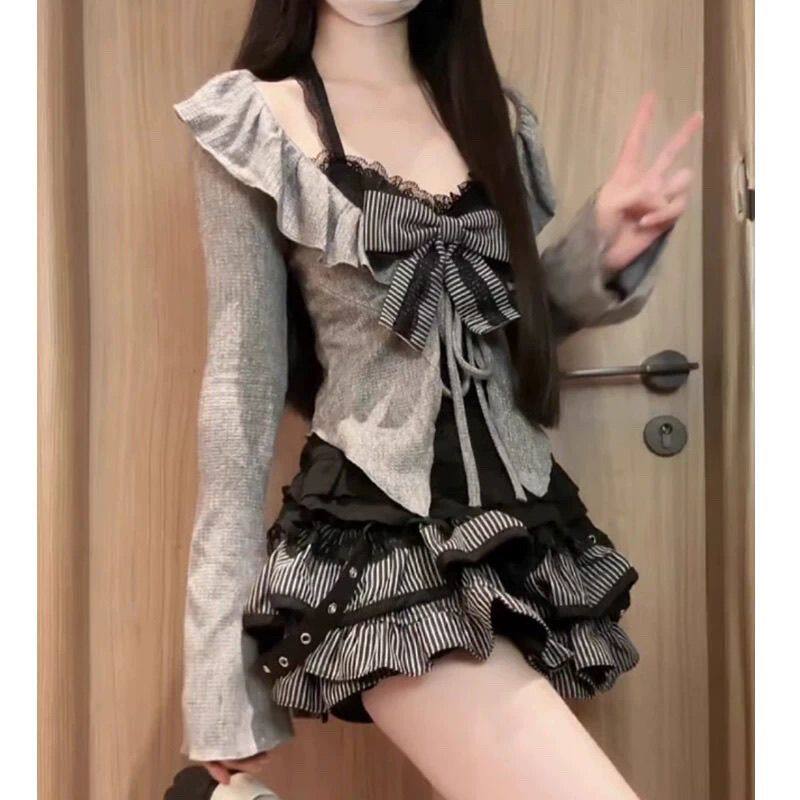 少女 秋季纯欲风辣妹套装黑色蕾丝吊带灰色针织开衫短款半裙 椰子