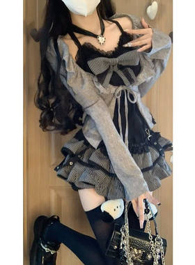 独特绝美小套装深秋季纯欲风辣妹针织开衫吊带上衣半身裙子三件套