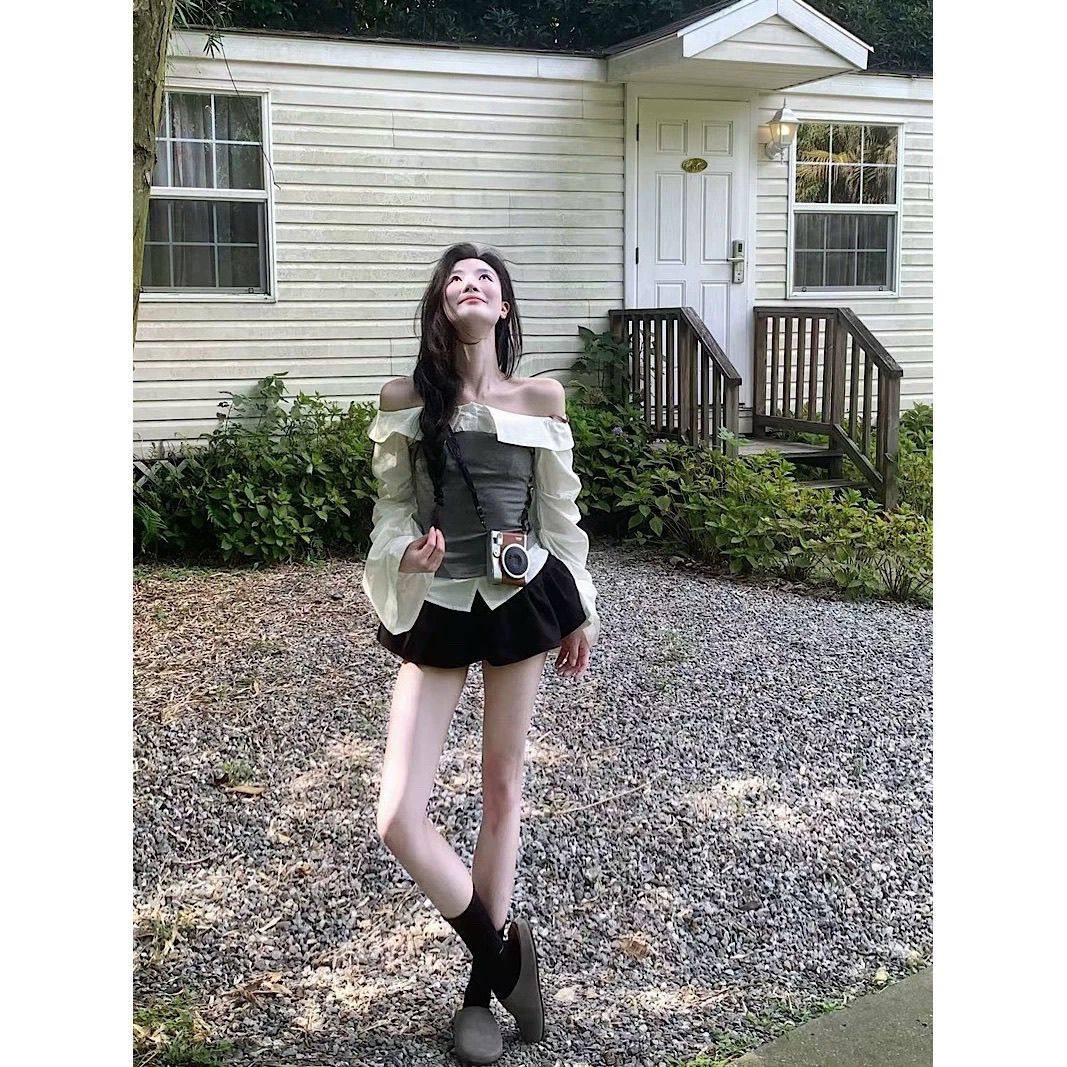 气质荷叶边超短裤裙+拼接一字肩长袖衬衫女秋季绑带收腰上衣套装