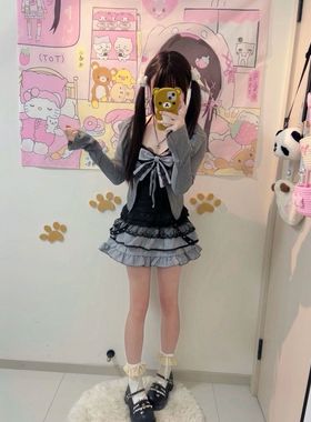 【万圣节】暮色歌集初秋套装黑色蕾丝吊带+灰色针织开衫+短款半裙