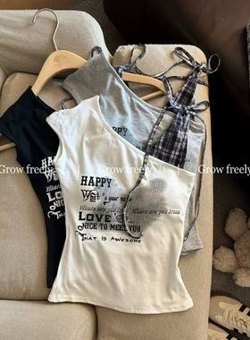 Grow freely 辣妹格子拼接斜肩吊带背心女夏外穿美背文胸一体上衣