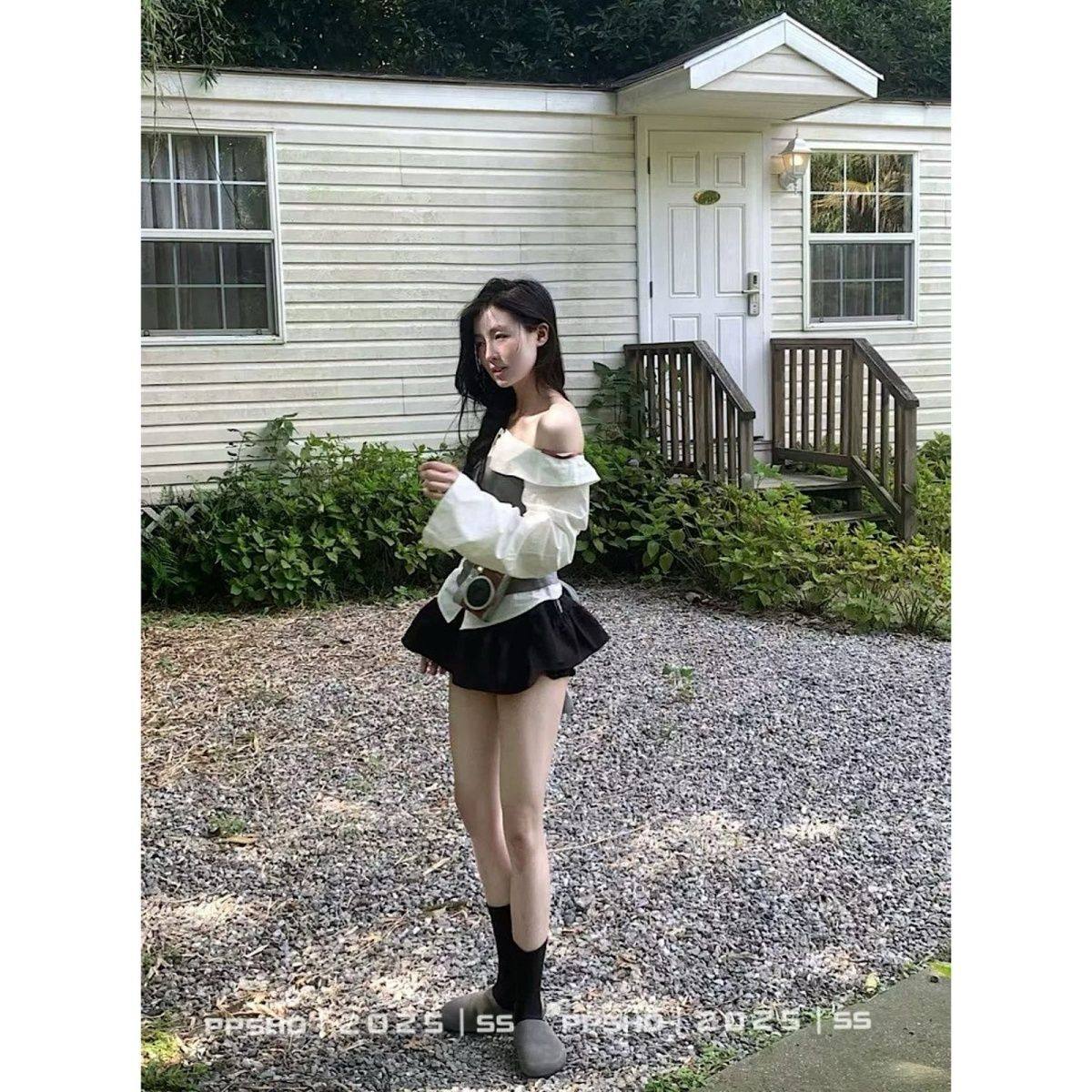 PPSHD 荷叶边超短裤裙+拼接一字肩长袖衬衫秋季绑带收腰上衣