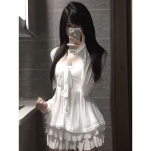 白色针织开衫蝴蝶结绑带抹胸上衣蛋糕半身裙三件套女早秋新款套装