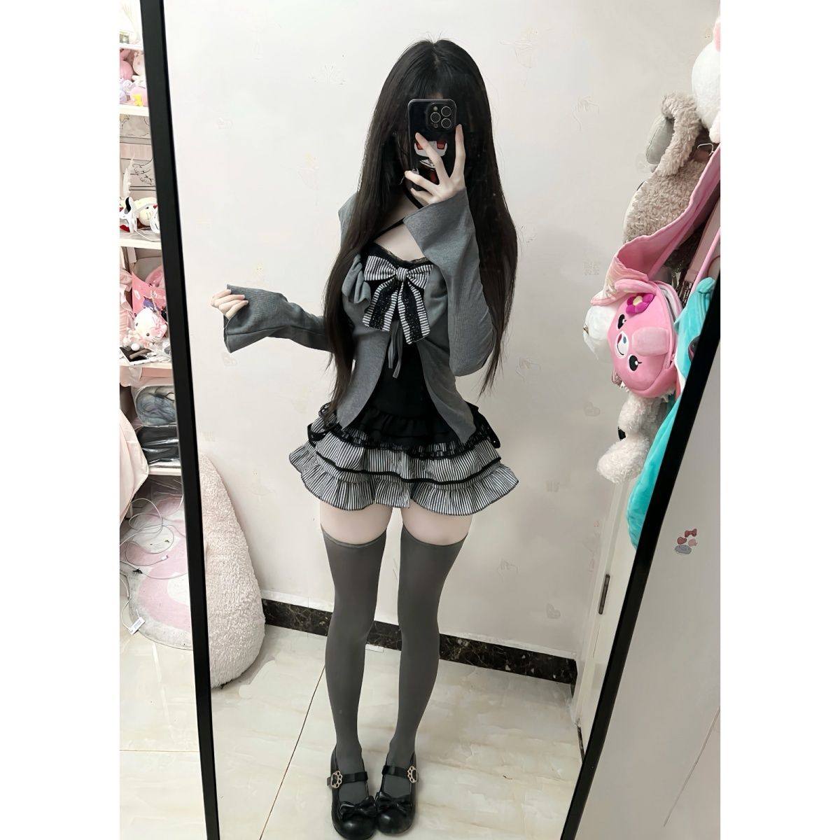 Miu少女椰子纯欲秋季套装女甜美蕾丝吊带针织开衫短款半裙三件套