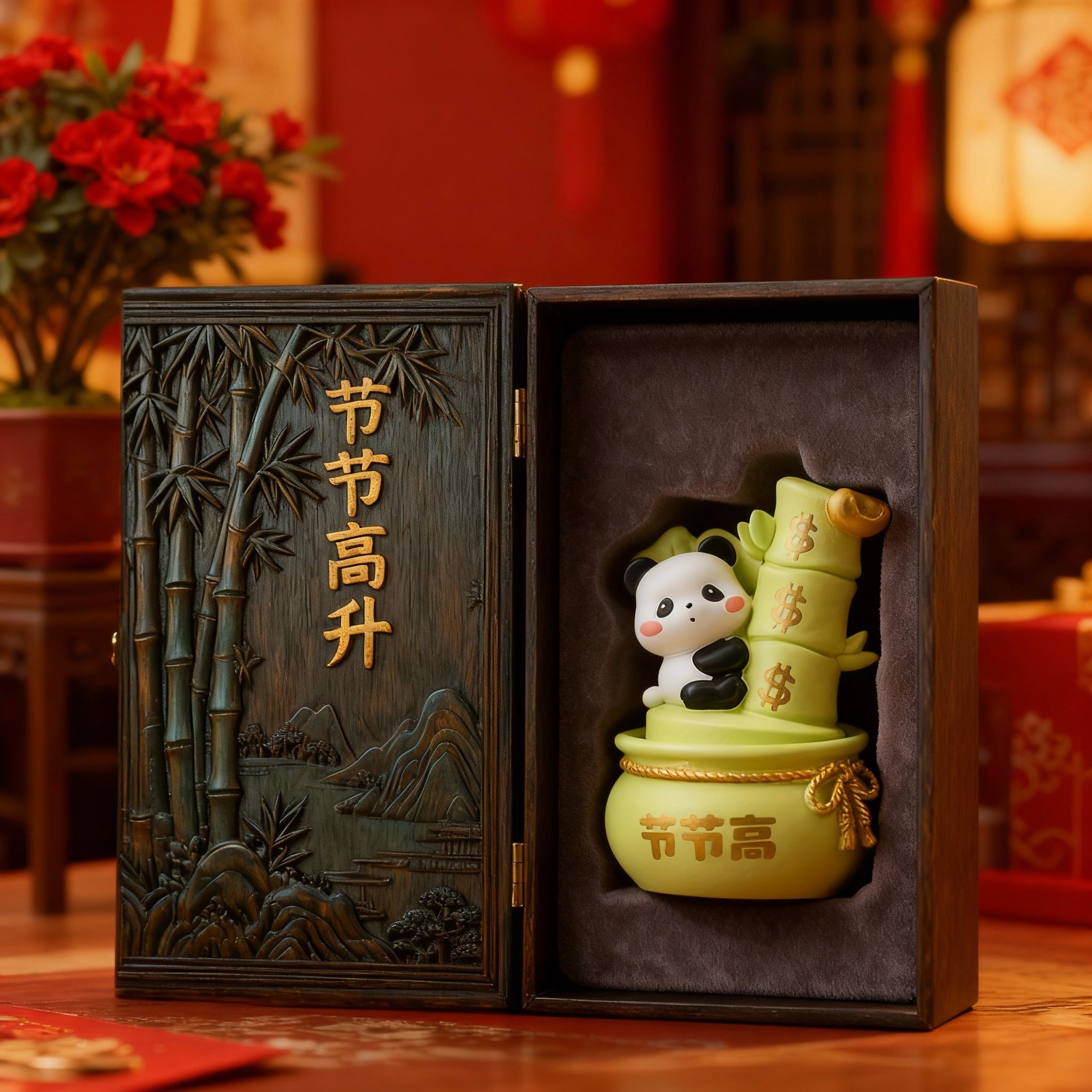 创意熊猫国学摆件树脂工艺品礼盒装节日高升祝福礼品