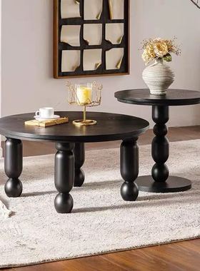 复古实木几何圆茶几收纳