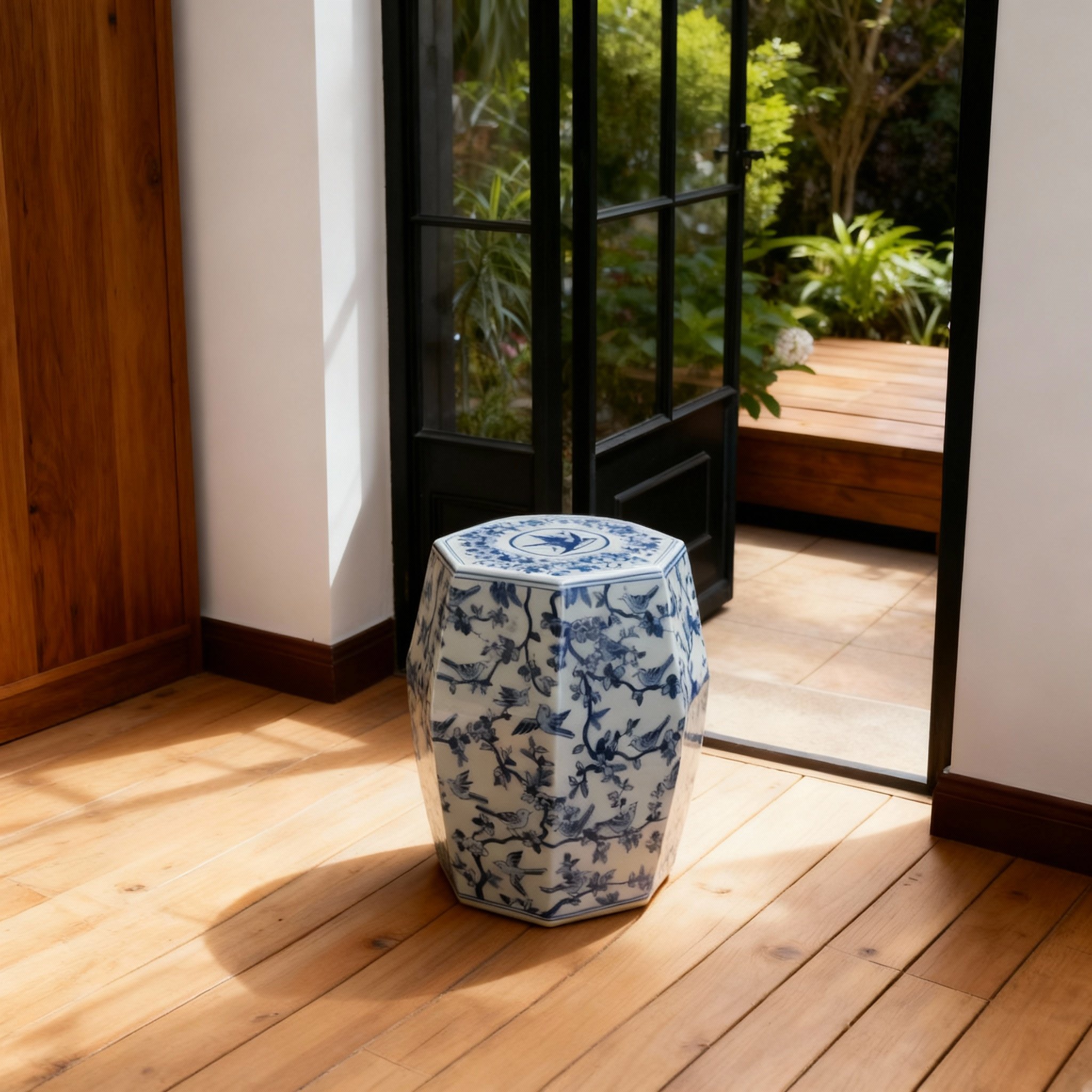 新中式青花瓷陶瓷花鸟鼓凳八角凳收纳储物国风摆件,家居饰品,国学摆件,淘宝优惠券,粉丝福利购,淘宝优惠卷