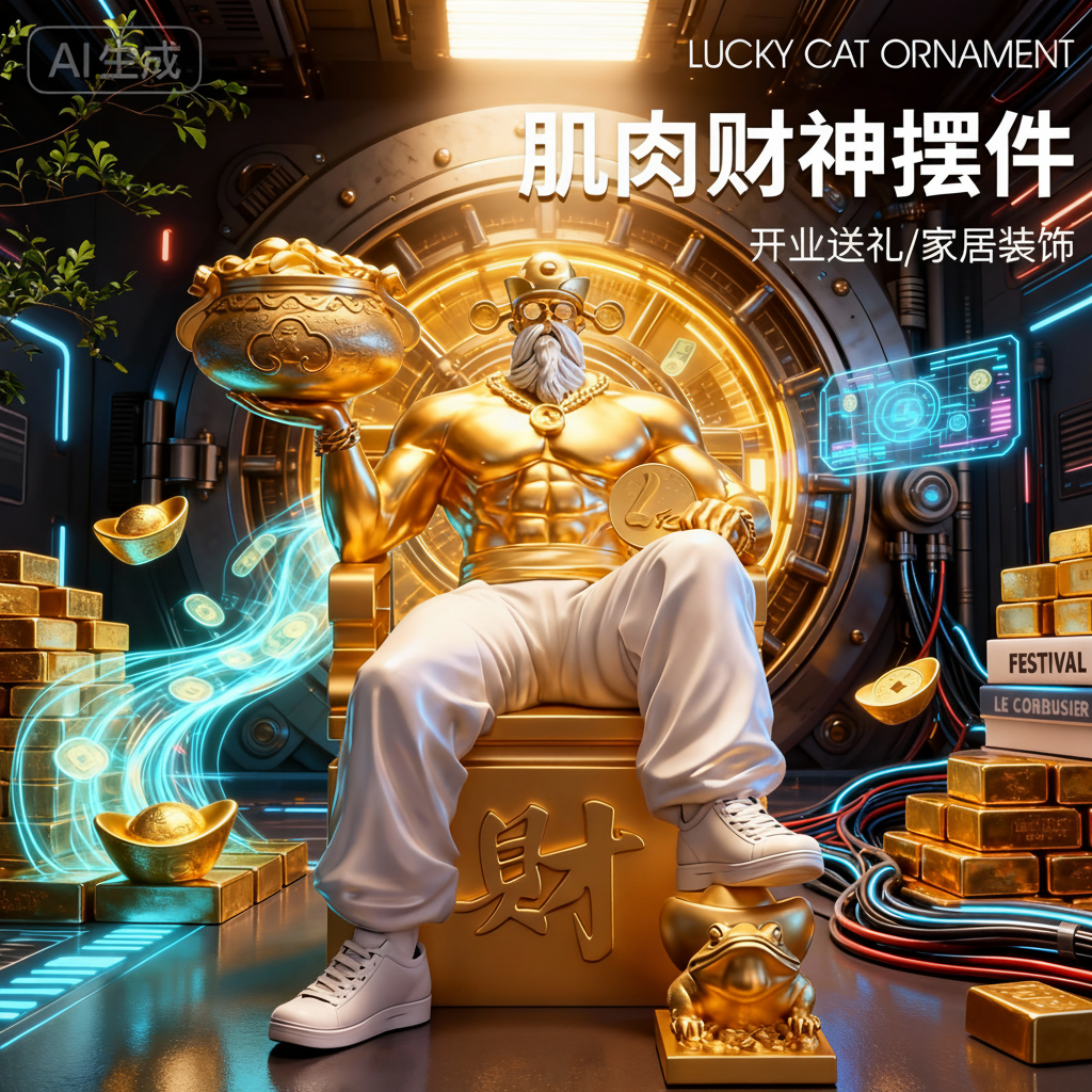 AI财神爷国潮树脂电镀招财摆件