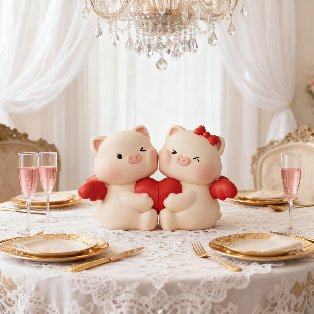 可爱卡通小猪情侣摆件树脂桌面装饰结婚礼物爱心相框桌面摆件