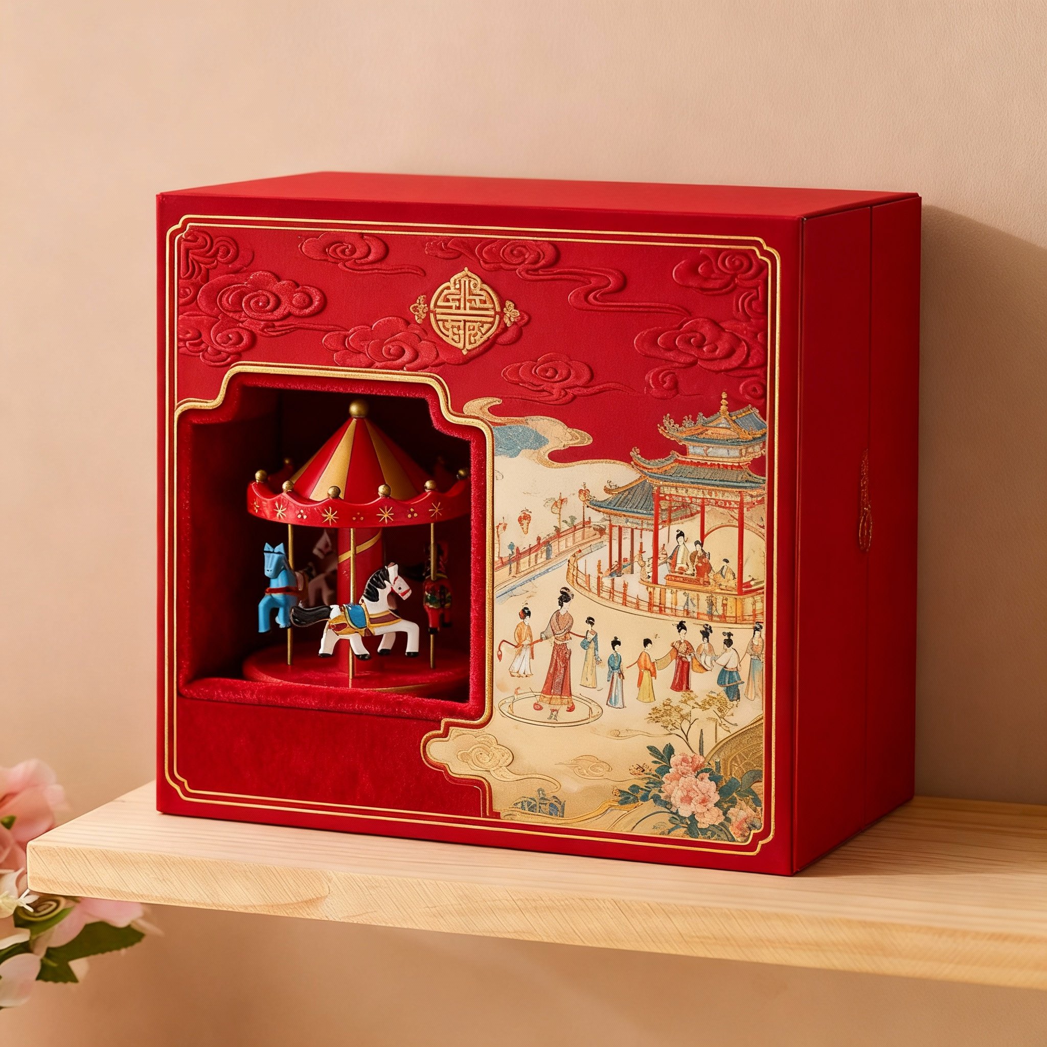 国潮旋转木马桌面摆件红色浮雕新年礼盒情侣卧室装饰品,家居饰品,桌面摆件,淘宝优惠券,粉丝福利购,淘宝优惠卷