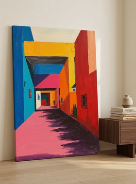 现代抽象彩色街景装饰画客厅玄关靠墙摆画高级感家居软装挂画
