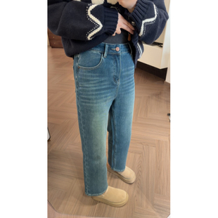 九分加绒蓝色牛仔裤 SANMI 蓝色 加绒烟管裤 W6631 叁米