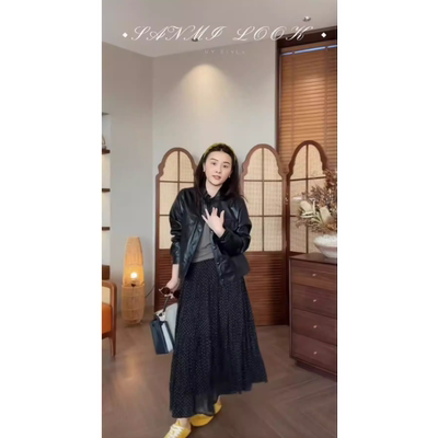 SANMI/叁米  百褶褶皱波点松紧腰头长半身裙  4455