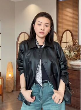 SANMI/叁米   春季新款高级感百搭翻领皮衣外套 H365