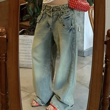 复古豹纹腰头拼接水洗牛仔裤2026春季新款宽松显瘦休闲阔腿长裤子,女装/女士精品,牛仔裤,淘宝优惠券,粉丝福利购,淘宝优惠卷