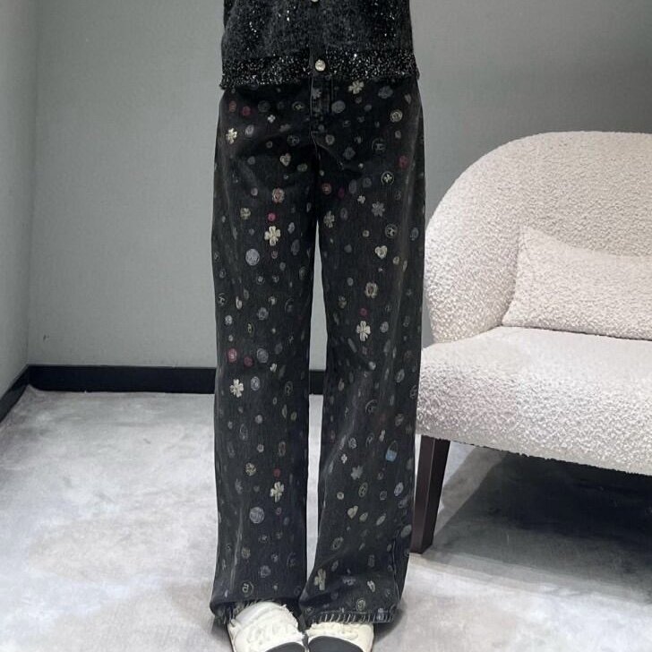 复古山茶花印花水洗牛仔裤2026春季新款宽松百搭显瘦休闲直筒长裤,女装/女士精品,牛仔裤,淘宝优惠券,粉丝福利购,淘宝优惠卷