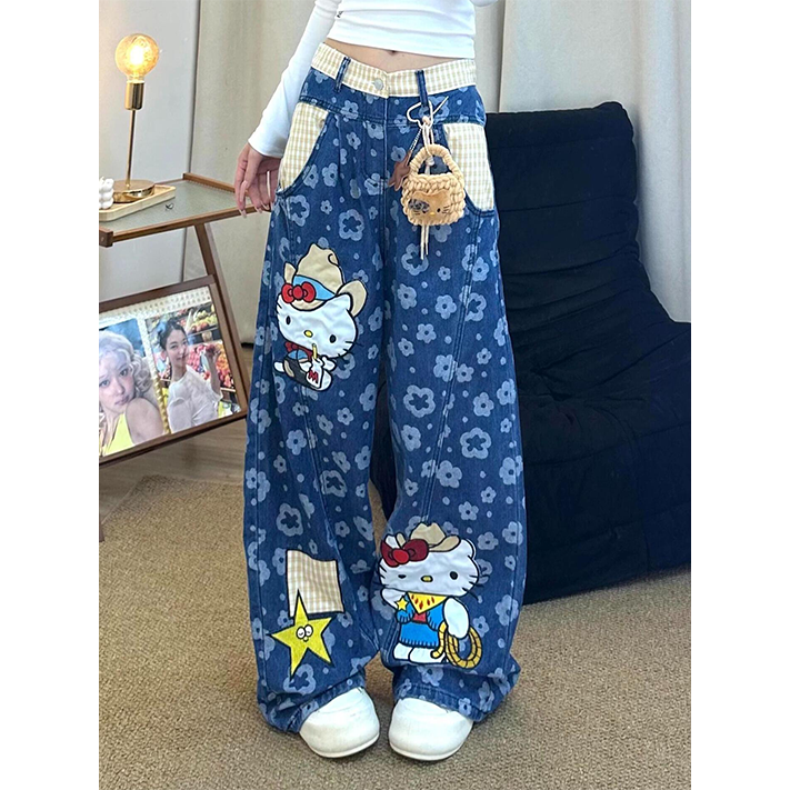 高个子趣味卡通KT猫印花牛仔裤2025秋季新款宽松显瘦休闲阔腿长裤