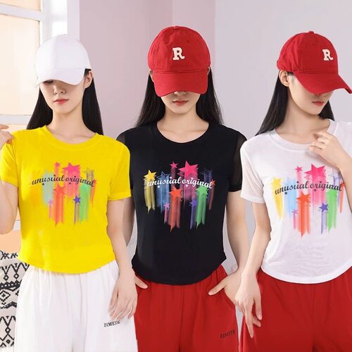 2025年新款夏季女士广场舞服装短袖上衣软纱印花衣休闲透气舞蹈服