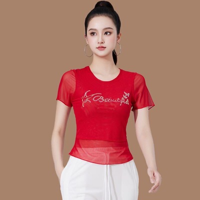 2025广场舞蹈服夏季新款假两件双层网纱烫钻修身显瘦跳舞上衣女
