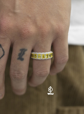 WBJ定制珠宝黄T方戒指满镶嵌S925银镀金饰品银首饰hiphop ring