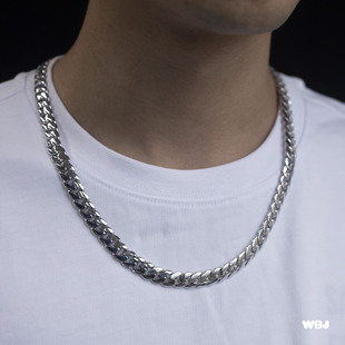 WBJ定制珠宝10mm素银古巴项链S925纯银镀金银饰