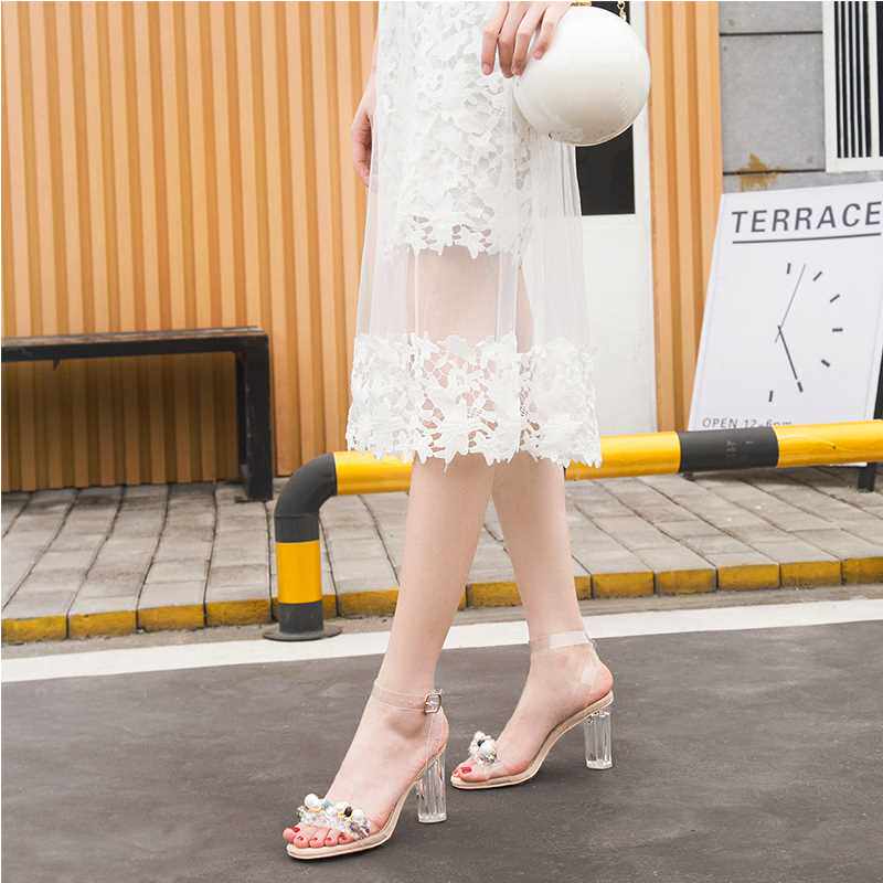 2019夏款水晶粗跟小碼女涼鞋防水台透明高跟鞋壹字帶性感夜店涼鞋在類目 女鞋, 涼鞋中 - 來自Buy2taobao.com提供專業的淘寶代購服務