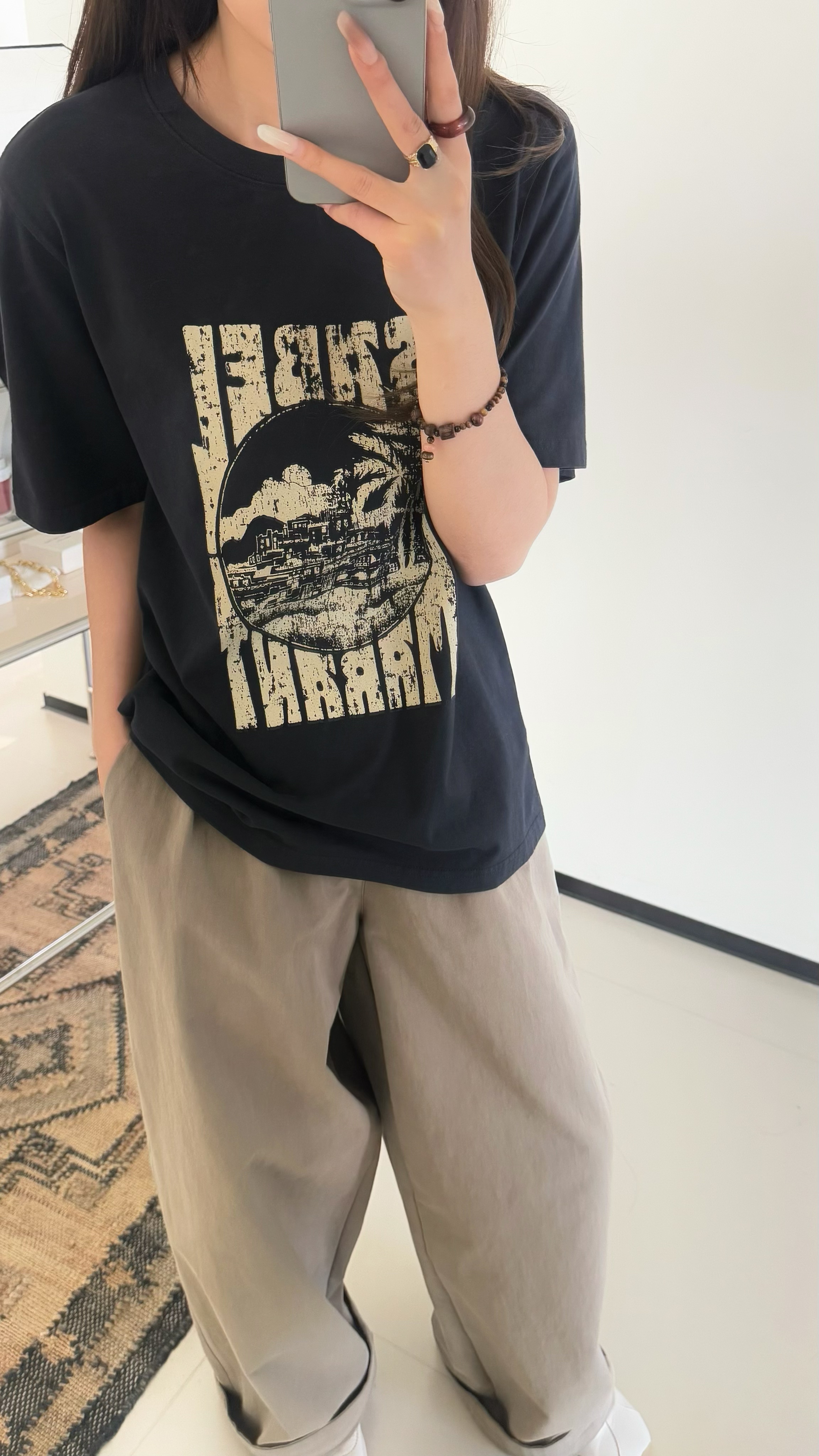恩灿 男女同款 复古洗褪插画风椰树印花炒色做旧T恤