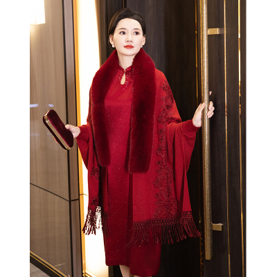 冬季加绒加厚披肩外搭婚礼妈妈旗袍喜婆婆婚宴装结婚礼服斗篷外套