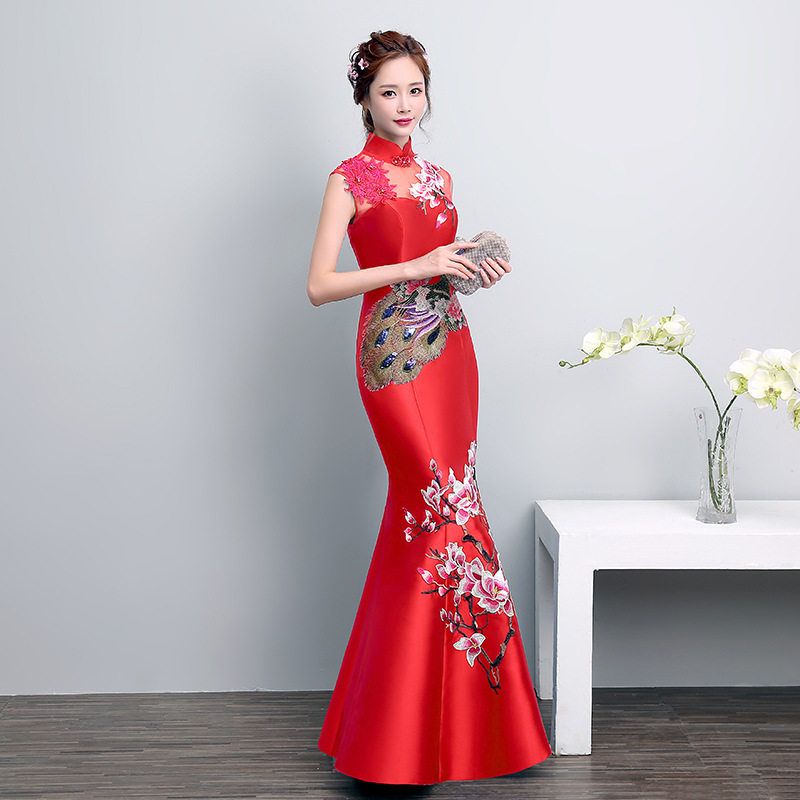 2024新款改良旗袍鱼尾裙晚礼服长款复古刺绣新娘敬酒服女修身中式