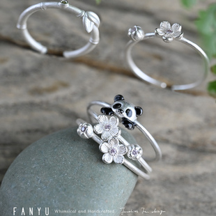 帆语FANYU设计师原创花朵竹子立体叠戴开口手工戒指925银新中式