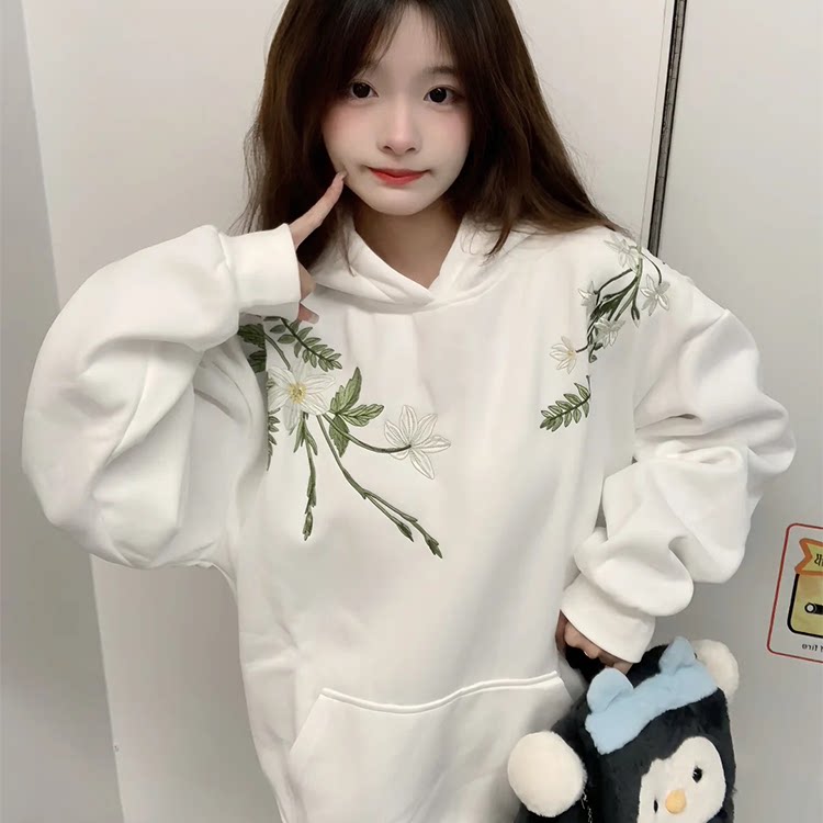 亿万少年国潮美式花卉刺绣字母加绒卫衣男女情侣保暖宽松连帽外套