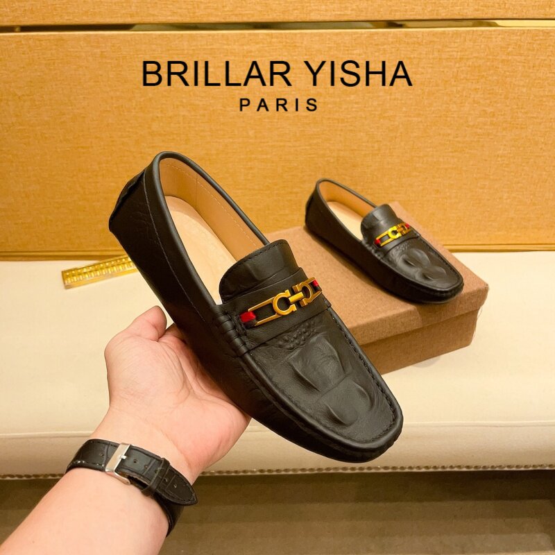 BRILLAR YISHA黑色豆豆鞋男夏季新款真皮高端商务低帮休闲乐福鞋