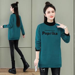 假两件保暖半高领卫衣 新款 加绒加厚T恤女中长款 遮屁股2025春装