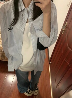 夏季防晒衬衫蓝色男友风条纹bf风衬衫小众宽松女百搭复古长袖外套