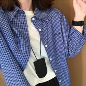 蓝格子棉质衬衫 宽松显瘦薄外套防晒 上衣小个子秋装 2024新款 女长袖