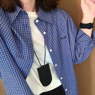 蓝格子棉质衬衫2024新款女长袖上衣小个子秋装宽松显瘦薄外套防晒