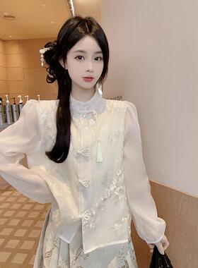 新中式国风旗袍衬衣2024宽松雪纺衬衫女春装漂亮盘扣流苏雪纺衫